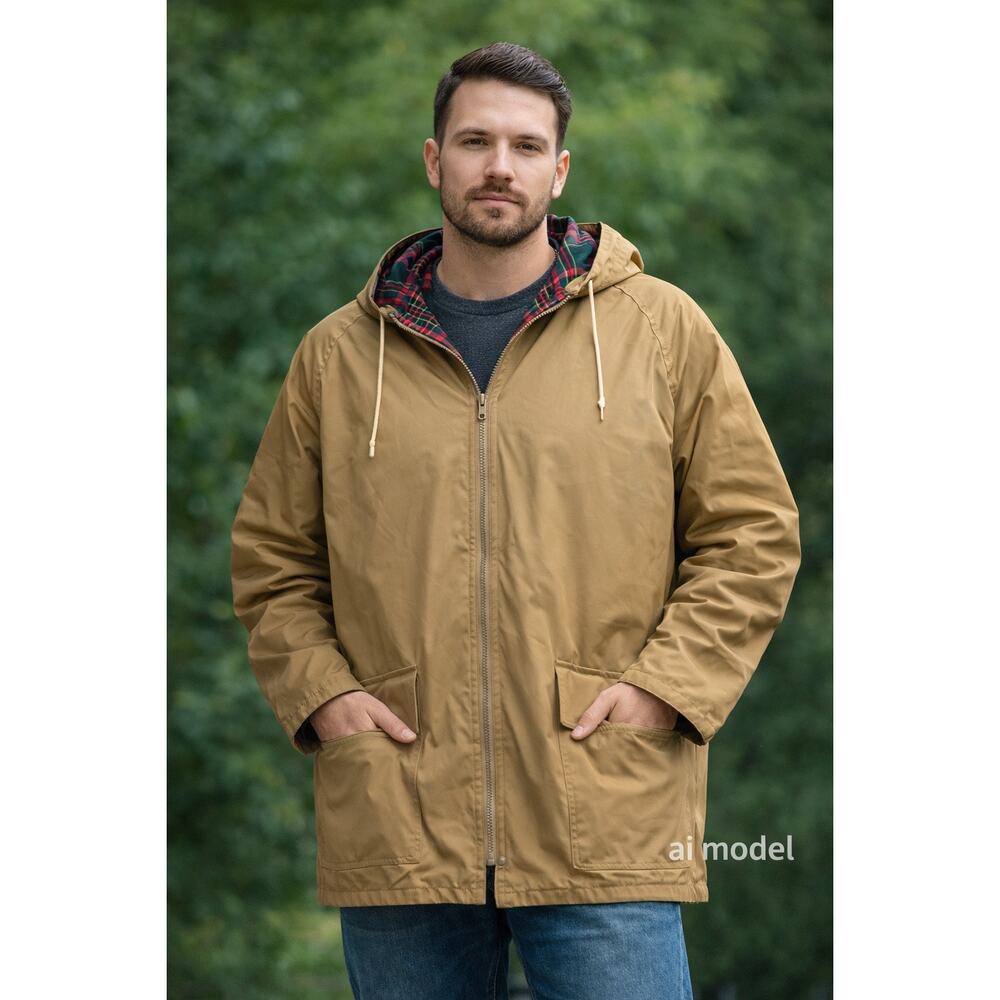 Misty Harbor Hooded Rain Jacket Plaid Lined Tan Khaki Zip Front XL Vintage